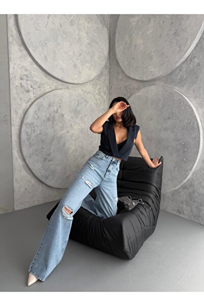 XBELLA DENİM Γυναικείο φαρδύ τζιν με ψηλόμεσο λέιζερ