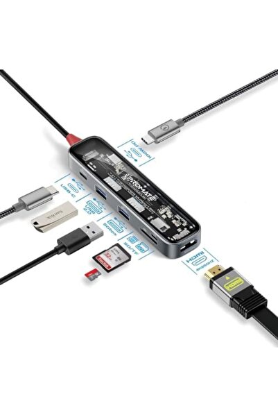Promate TransHub-Lite USB-C Hub, 7-in-1 Multi-Display with 4K HDMI, 2TB SD/TF Card Slot, Dual 5Gbps