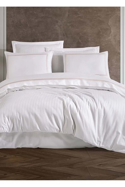 Dantela Image Embroidered Cotton Satin Double Duvet Cover Set-White