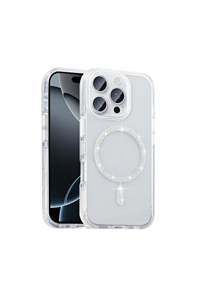 Nezih Case Apple iPhone 15 Pro Kılıf Taşlı Tasarım Magsafe Şarj Özellikli Sil...
