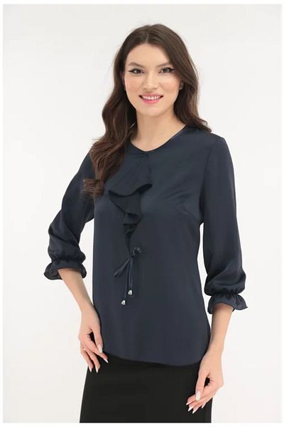 Vanessa Line RO Elegant navy blue chiffon blouse with jabot and decorative bow