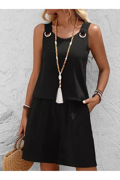modamtn Women's Strap Round Neck Bird's Eye Detailed Wrinkled Blouse and Short Double Set