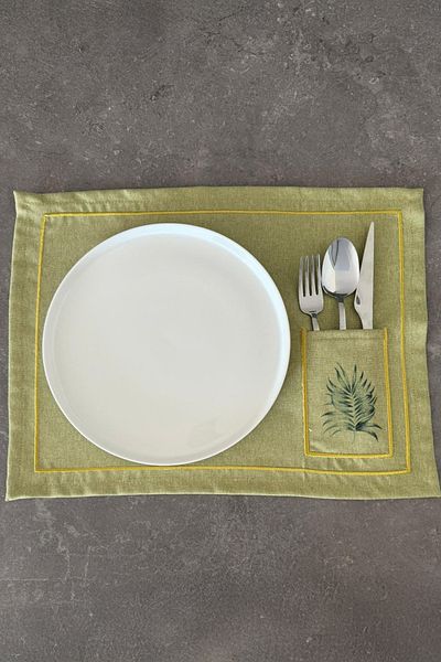 ASDİVA Verda Embroidered Pocket Minimal Leaf Patterned 1 Piece American Service 45X35 cm - Green