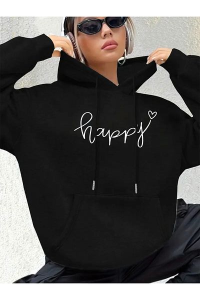 FUFLUNS Happy Printed Oversize Unisex Hooded Sweatshirt