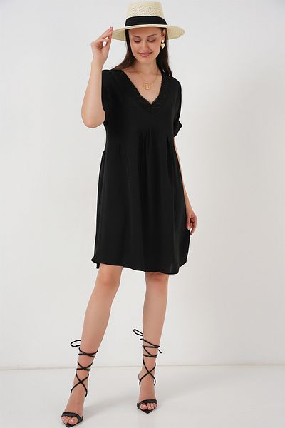 Merterium Women's V-Neck Short Sleeve Dress Black 1185