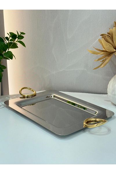 aljahwari Stainless steel serving tray with a round handle, size 43 x 31 cm