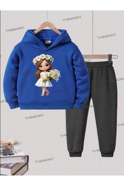 THEKONT Papatyali Girl's Printed Thick Cotton Hooded Children's Tracksuit Set