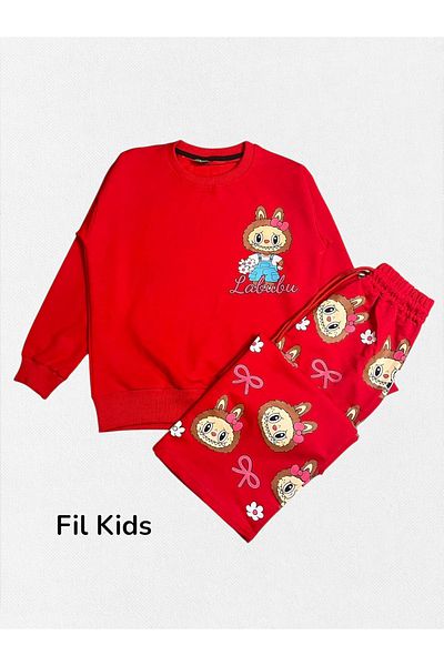 Fil Kids Girl's Cotton Fabric Red Color 2 Thread Labubu Flower Pattern Winter Tracksuit Set