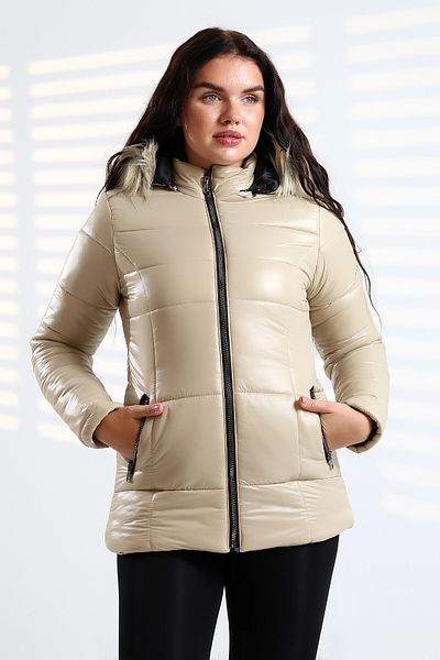 Talsmoda Women's Cream Color Hooded Fur Water, Wind and Wash Resistant Quilted Coat