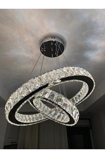 Retro KRİSTAL TAŞLI 2 KATLI 3 RENK YANAN LED'Lİ AVİZE