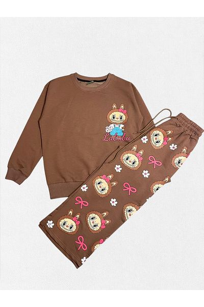 Fil Kids Girl's Cotton Fabric Brown Color 2 Thread Labubu Flower Patterned Winter Tracksuit Set