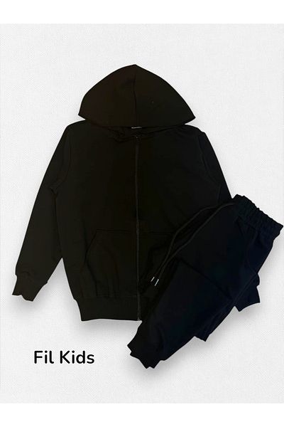 Fil Kids Boys' Black Cotton Hooded Zippered Bottoms with Pockets on the Top Tracksuit Set Suitable for School