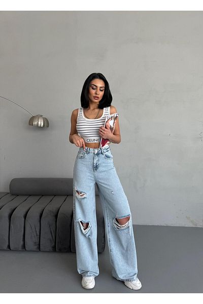 XBELLA DENİM Women's Baggy Fit Laser High Waist Wide Leg Jeans