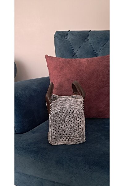 Afilli Taş Gri Kahve Tasarım Deri Sap Detaylı El Örgüsü Sağlam Triko Cüzdan Günlük Küçük El Çantası