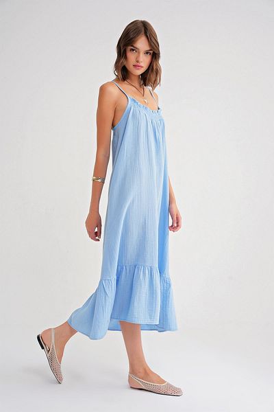 Mixray 4740 Women's Strap Muslin Midi Dress Baby Blue