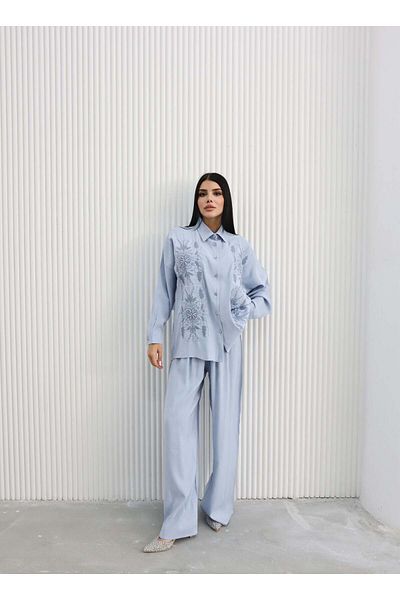Hatun Atila Summer Embroidered Double Suit 8811 Blue