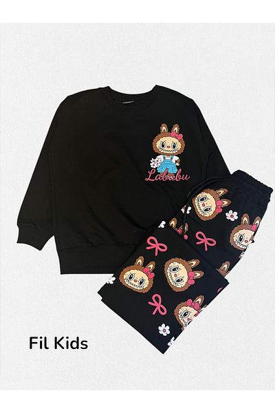 Fil Kids Girl's Cotton Fabric Black Color 2 Thread Labubu Flower Patterned Winter Tracksuit Set