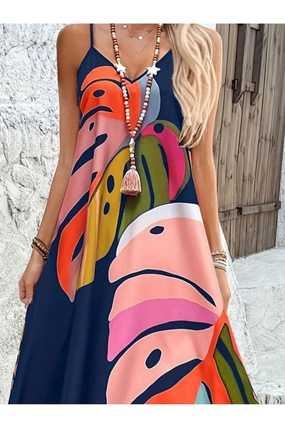Viyamo New Season Women's Patterned Single Jersey Dress with Wide V-Neck and Rope Strap