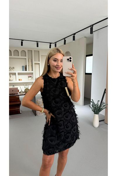 Sezgi Tekin Feather Patterned Window Detail Black Dress