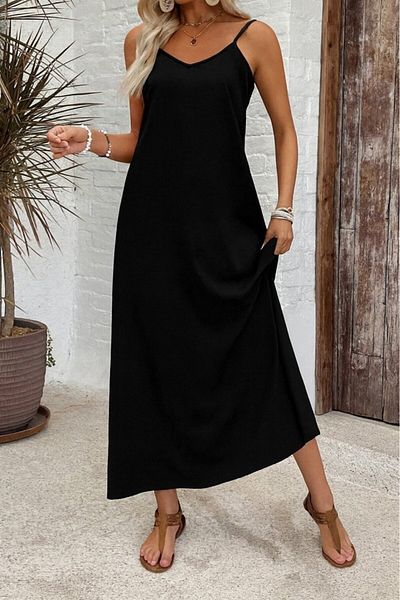 Viyamo New Season Women's Patterned Single Jersey Dress with Wide V-Neck and Rope Strap
