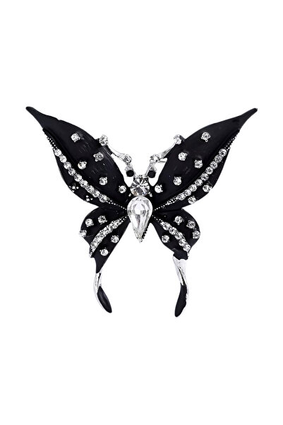 Eva Grace Broșă Leona, neagră, cu montură argintie, în formă de fluture