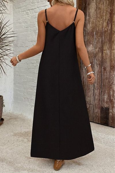 Viyamo New Season Women's Patterned Single Jersey Dress with Wide V-Neck and Rope Strap