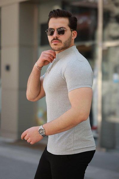 Aymood Tricou cu mânecă scurtă din țesătură de bumbac cu guler pentru bărbați
