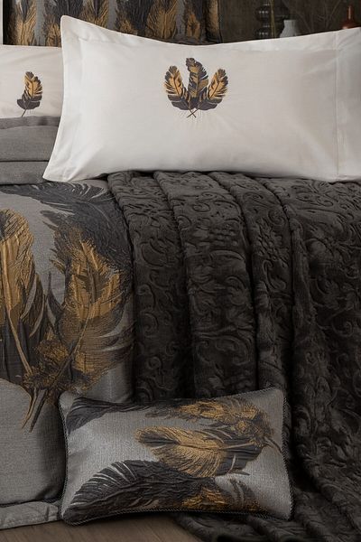 Sevim 11 Piece Dowry Set with Blanket - Taffeta Bedspread & Duvet Cover Dowry Set-Peludo-Grey
