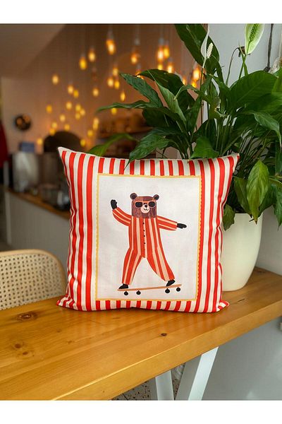 RahanDesign Children's Room Decorative Suede Throw Pillow Cover - Red Striped Children's Room Throw Pillow Cover - 43X43Cm