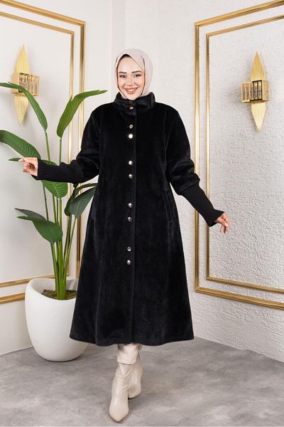 Hb Harma Time Butik Women's Lined Angora Buttoned Black Coat