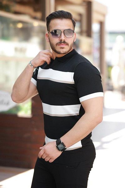 Aymood Men's Stripe Pattern Nurse Collar Short Sleeve T-Shirt