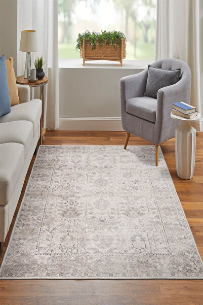 Emiroğlu Modern Otantik Krem Desen Kaymaz Taban Salon Halısı – Yıkanabilir, Şık ve Konforlu Tasarım