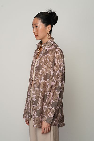 Orfeo Negro Women's Powder-Brown Color Flower Patterned Oversize Cut Shirt