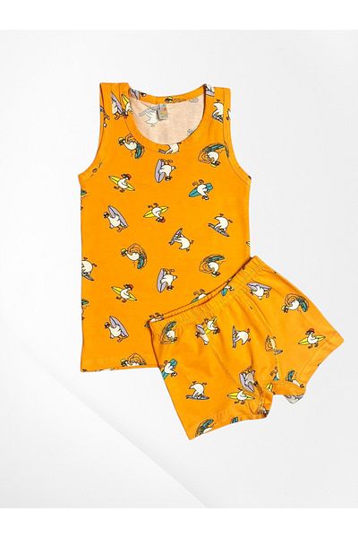 elmas kids Boys' 100% Cotton Orange Color Surfer Duck Patterned Network Part Stitched Undershirt Boxer Set