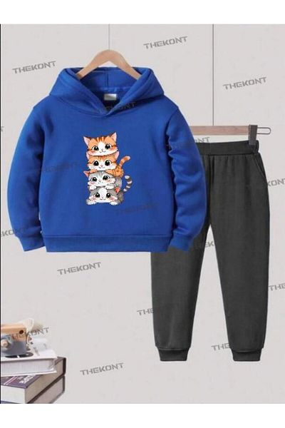 THEKONT 4 Cat Printed Thick Cotton Hooded Children's Track Suits