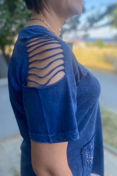 Mia Butik Large Size Navy Blue Shoulder Low-Cut Cotton Tshirt