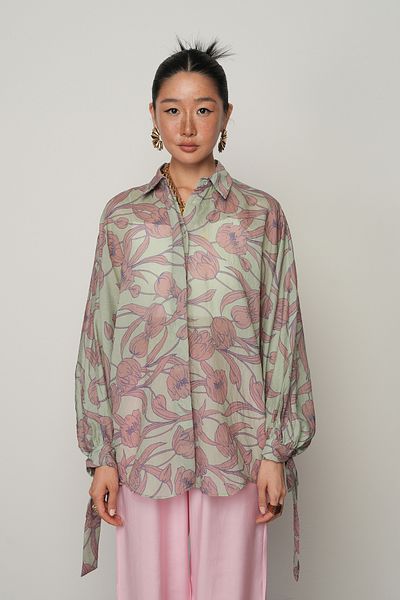 Orfeo Negro Women's Oversize Shirt with Tie-Shirt Color Flower Pattern