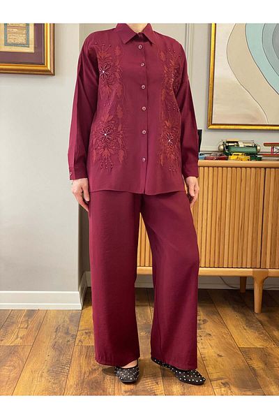 Hatun Atila Summer Embroidered Double Suit 8811 Burgundy