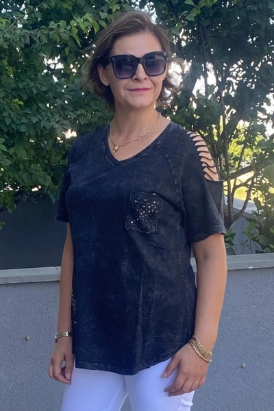 Mia Butik Large Size Black Shoulder Low-Cut Cotton Tshirt