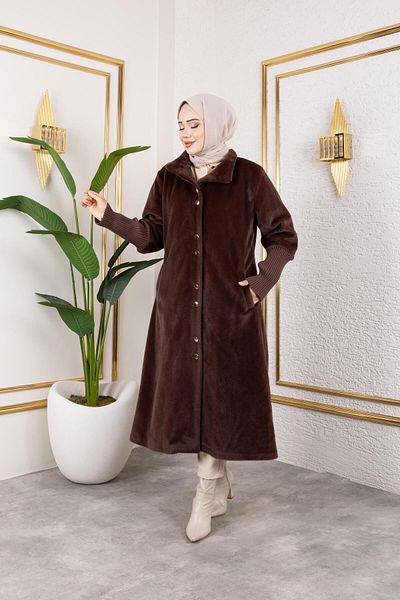 Hb Harma Time Butik Women's Lined Angora Buttoned Brown Coat