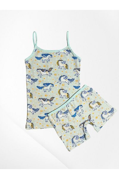 elmas kids Girl's 100% Cotton Green Color Unicorn Patterned Thin Strap Undershirt Boxer Set