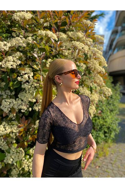 MY DEPO Women's See-Through V-Neck Lace Crop Blouse
