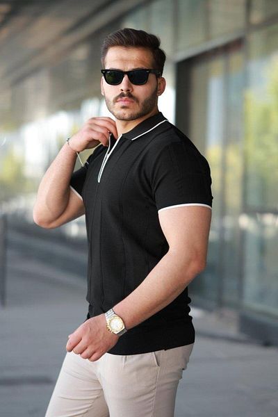 Aymood Men's Vertical Embossed Knitted Textured Zipper Collar T-Shirt