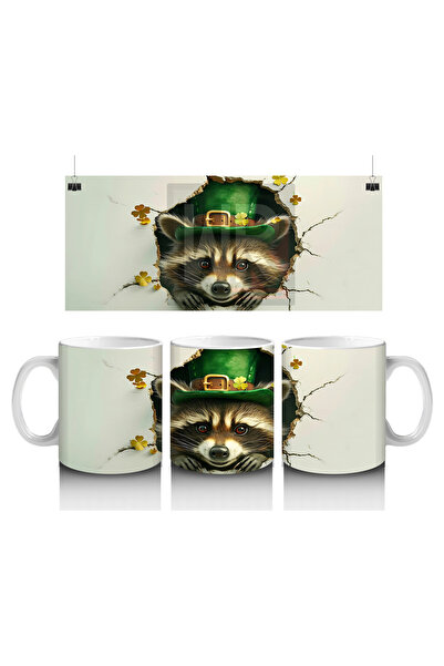 Luluyen Raccoon with Hat and Green Clover Leaves – Printed Coffee Mug