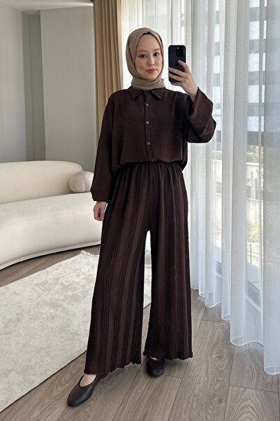 hmm Tunik Pantolon İkili Takım Hafif Kumaş Kahverengi Piliseli