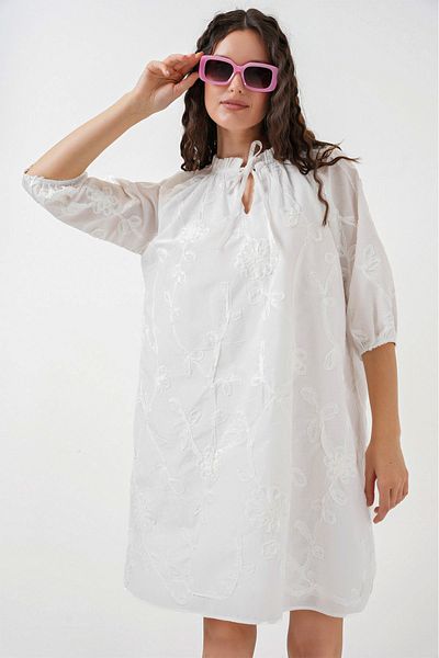 Merterium Women's Patterned Short Dress White 1188