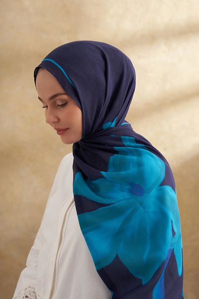 ARMANDA Navy Blue-Turquoise Cotton Modal Shawl 3382