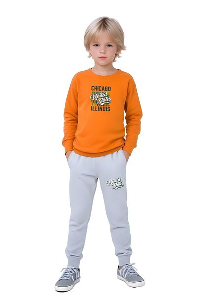 panios kids Crew Neck Chicago Text Printed Detail Boy's Bottom-Up Set