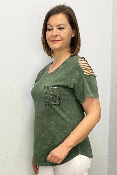 Mia Butik Large Size Khaki Shoulder Low-Cut Cotton Tshirt