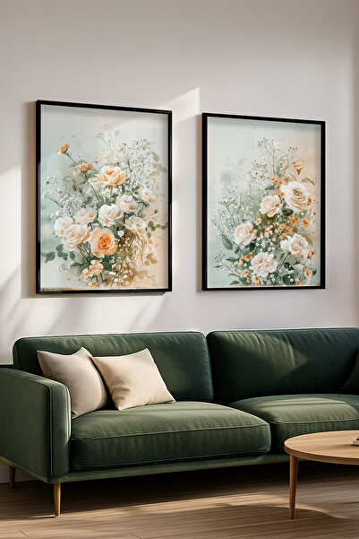 STARYUNA Set de pictură dublă cu model de trandafiri în tonuri de alb și piersic cu cadru negru Yuna293